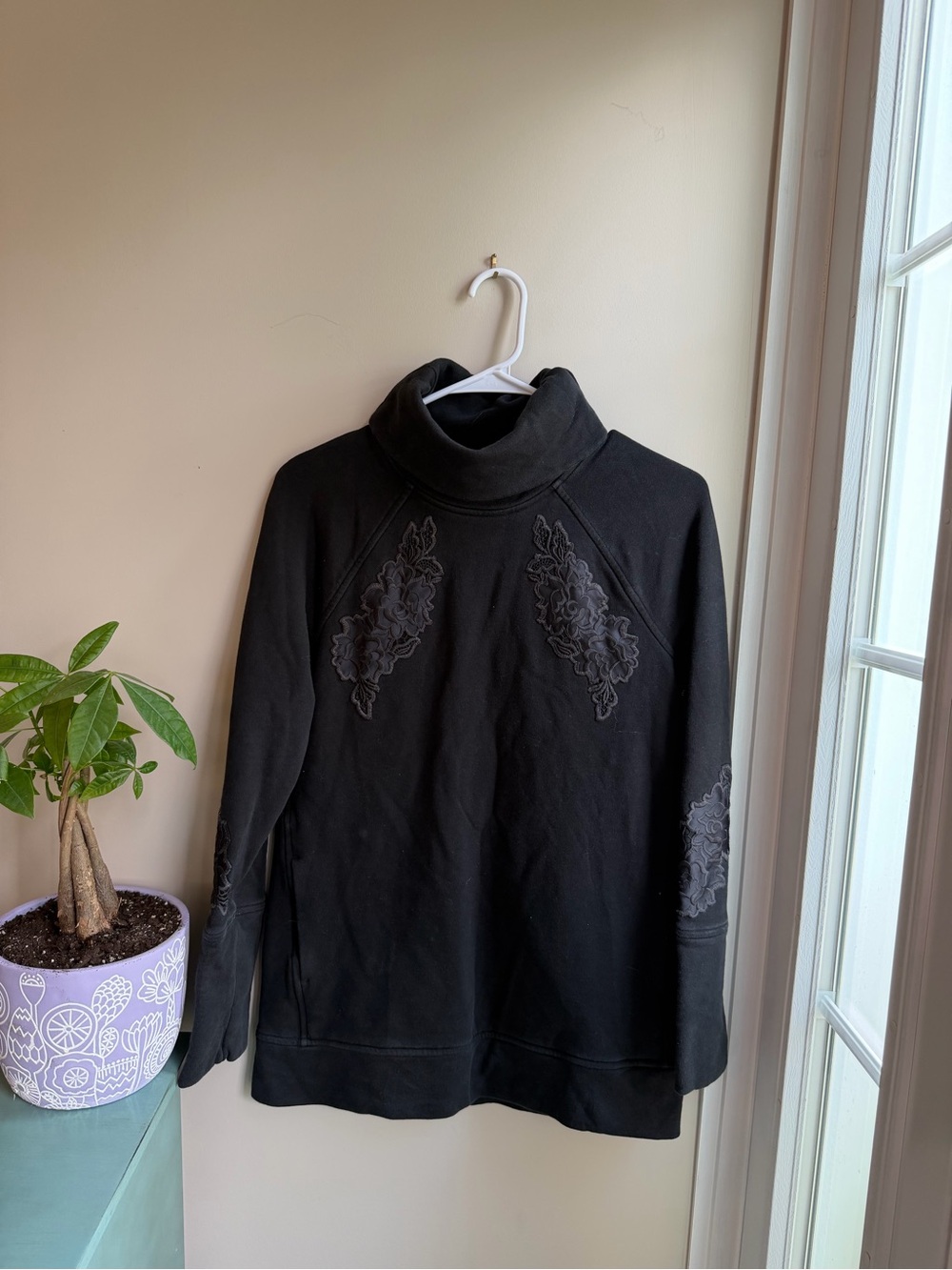 lululemon athletica Black Turtleneck Sweatshirt with Tonal Floral Details
